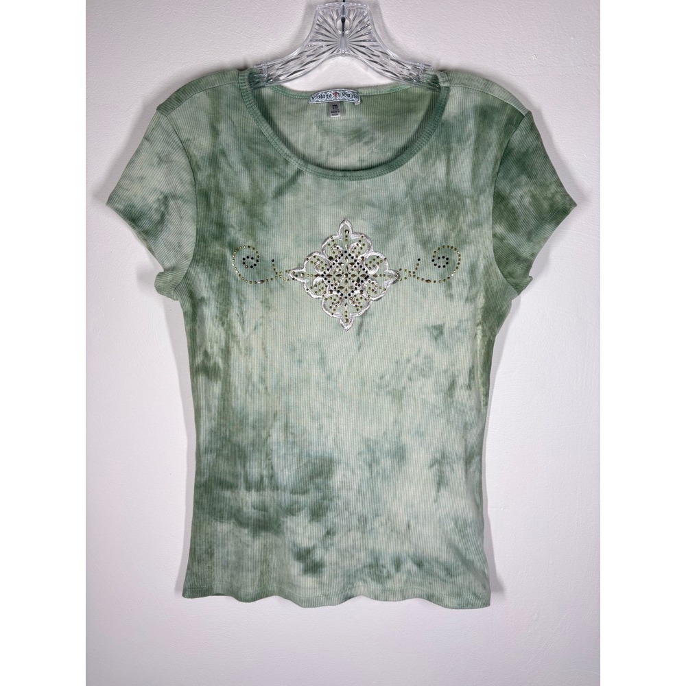 Vintage Suzie Y2K TShirt Top Medium Green Tie Dye Rhinestone Fairycore Earthy